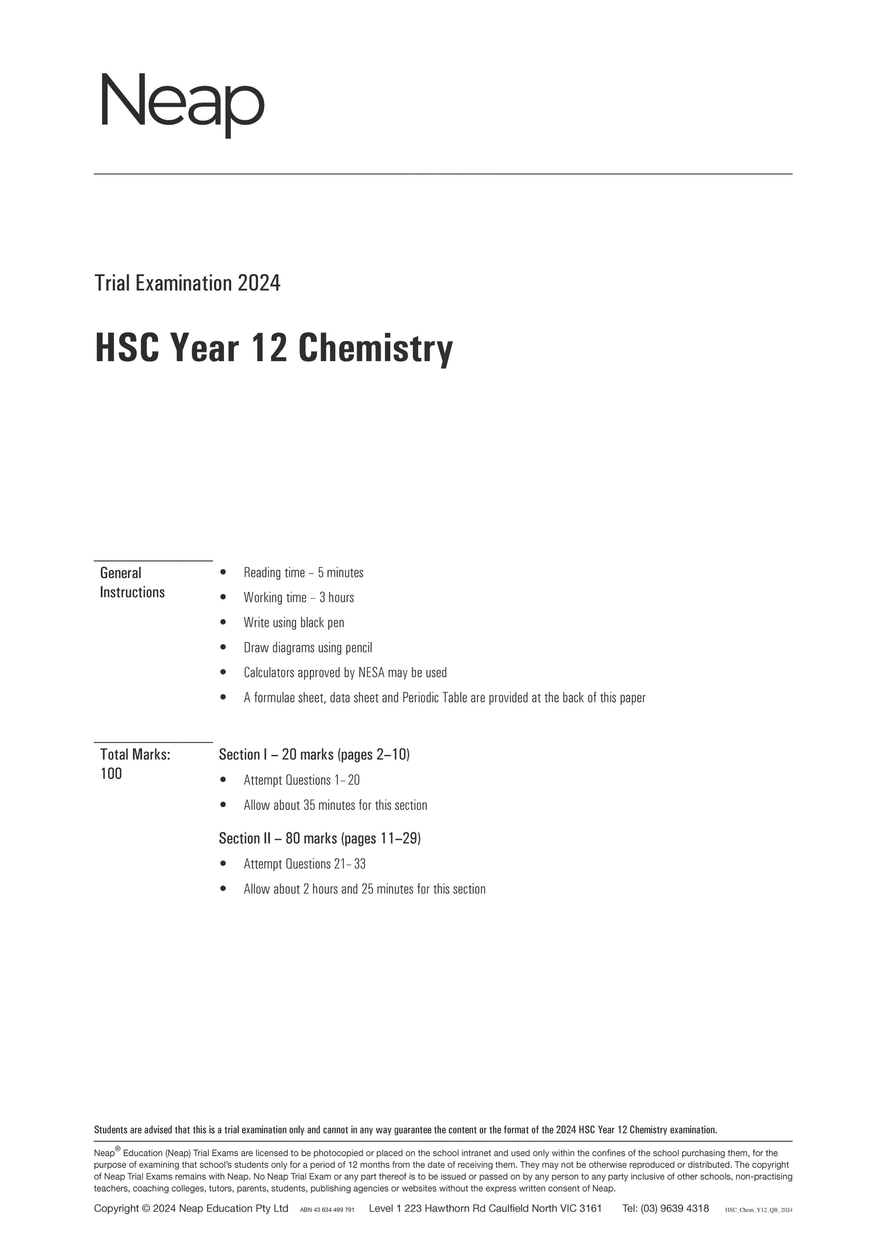 HSC Chemistry Year 12 Trial Exams
