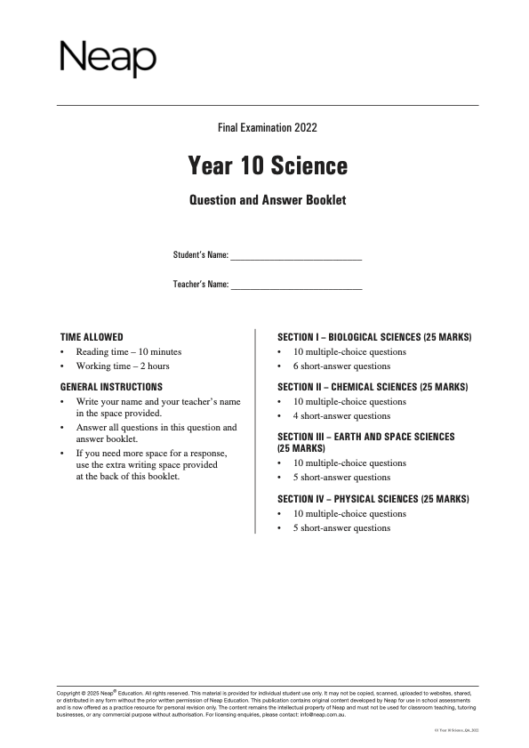 Neap Practice Exam Pack: Year 10 Science (3 Exams)