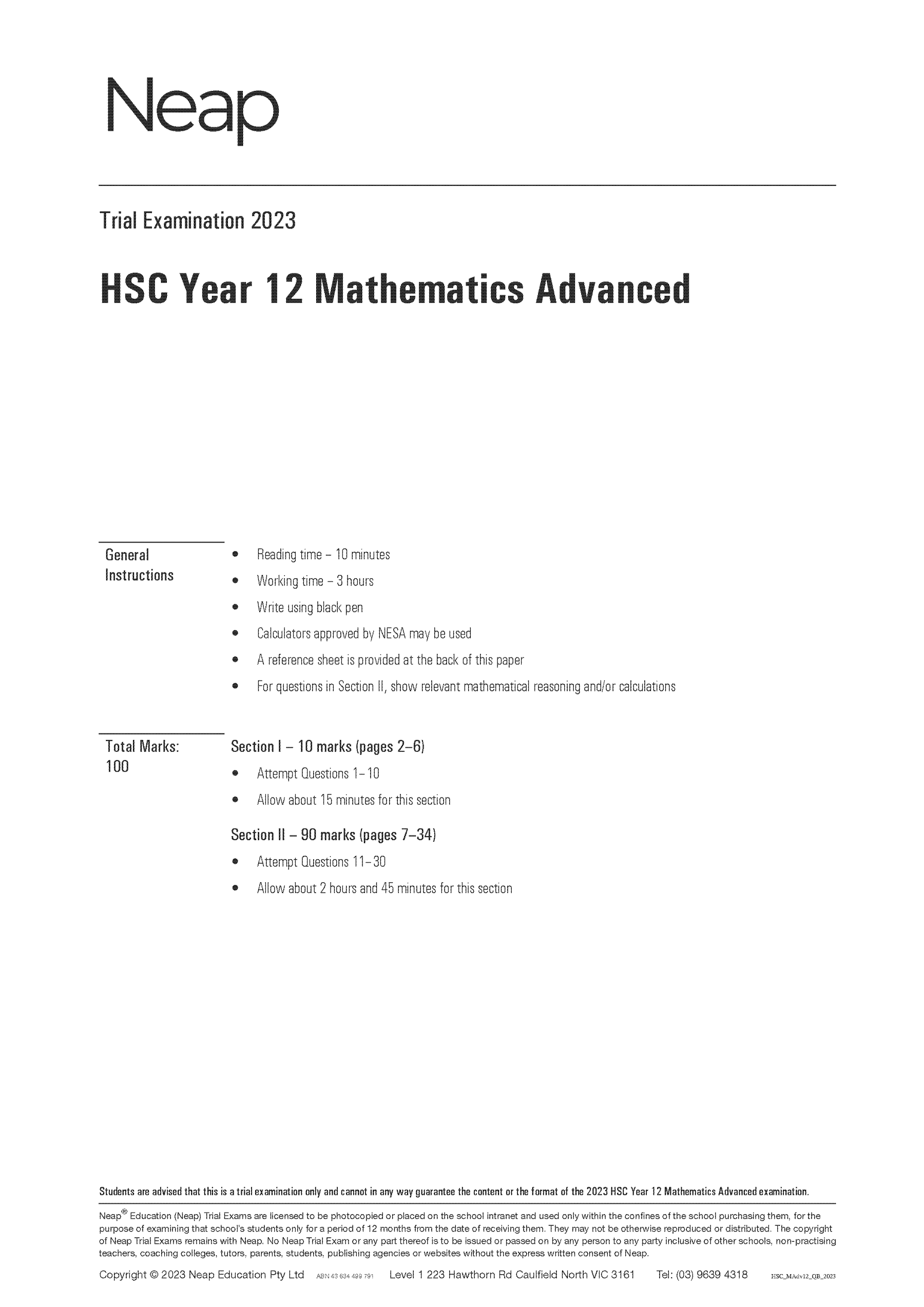 Neap Practice Exam Pack: NSW Year 12 Mathematics Advanced (3 Exams)