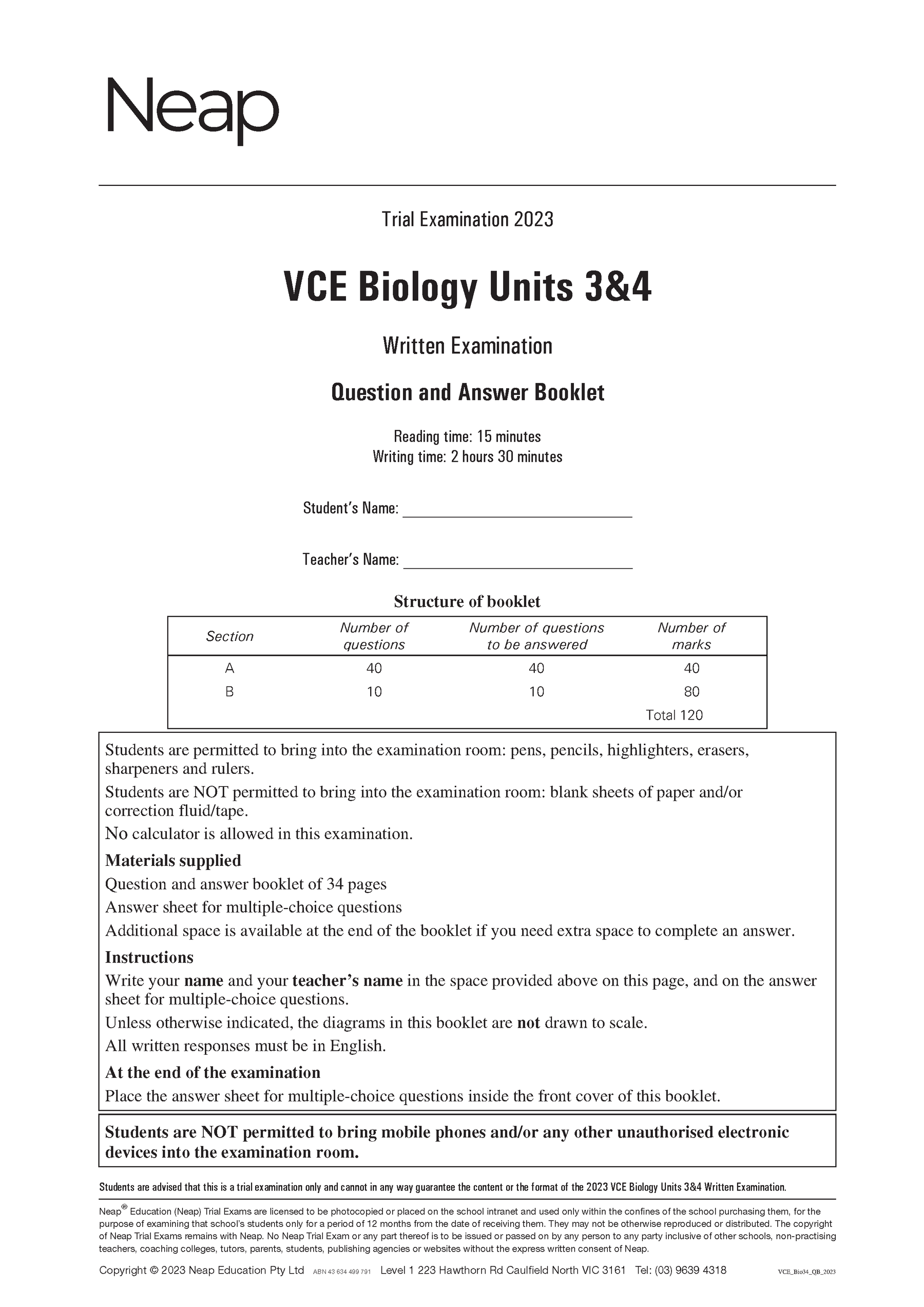 Neap Practice Exam Pack: VCE Biology Units 3&4 (3 Exams)