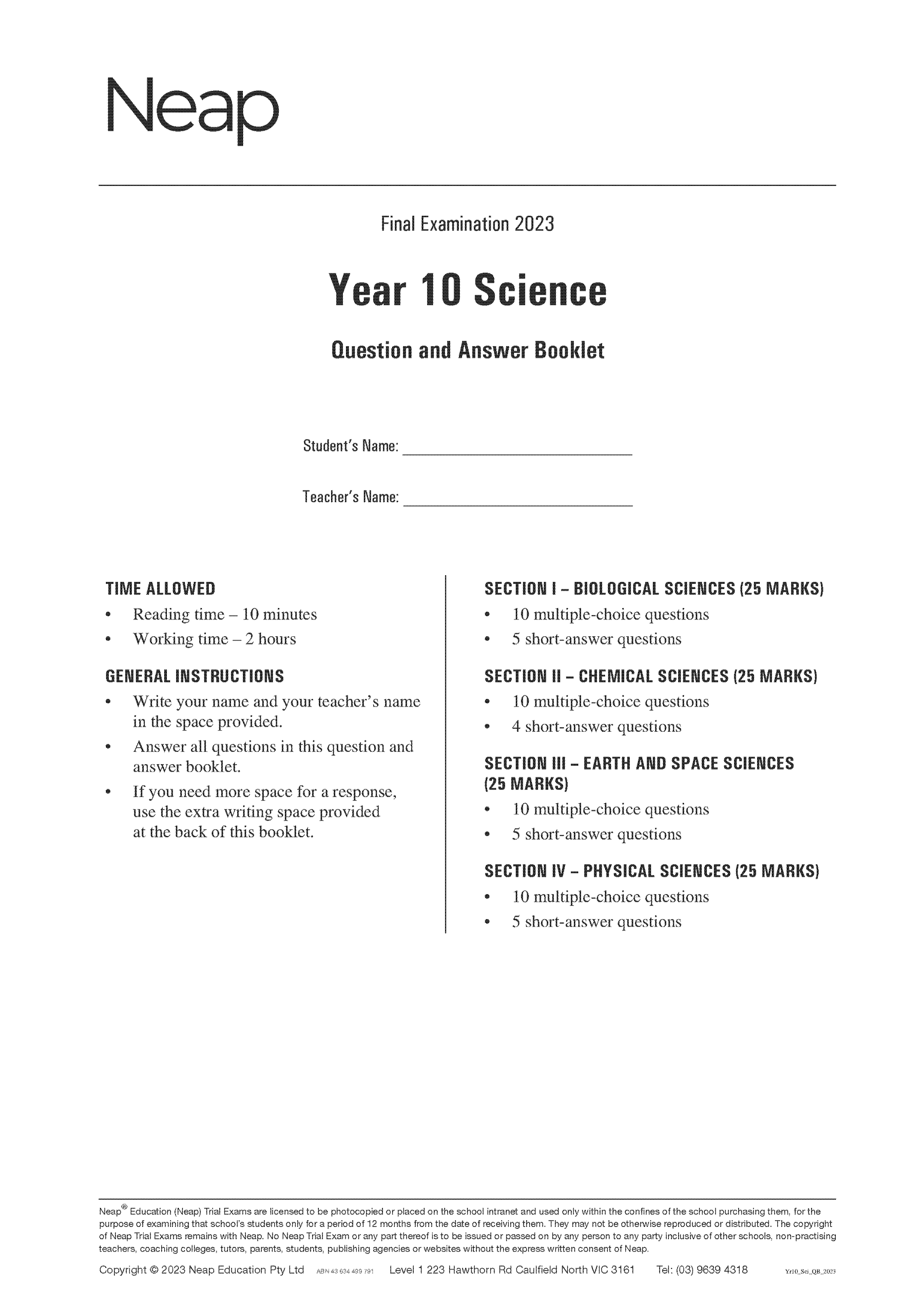 Neap Practice Exam Pack: Year 10 Science (3 Exams)