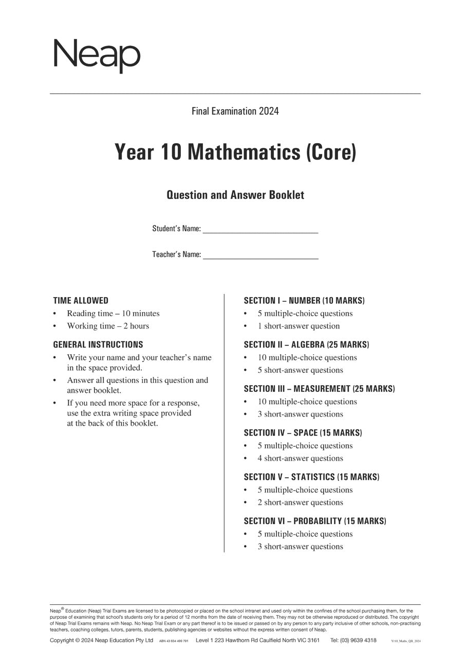 Year 10 Mathematics Trial Exams