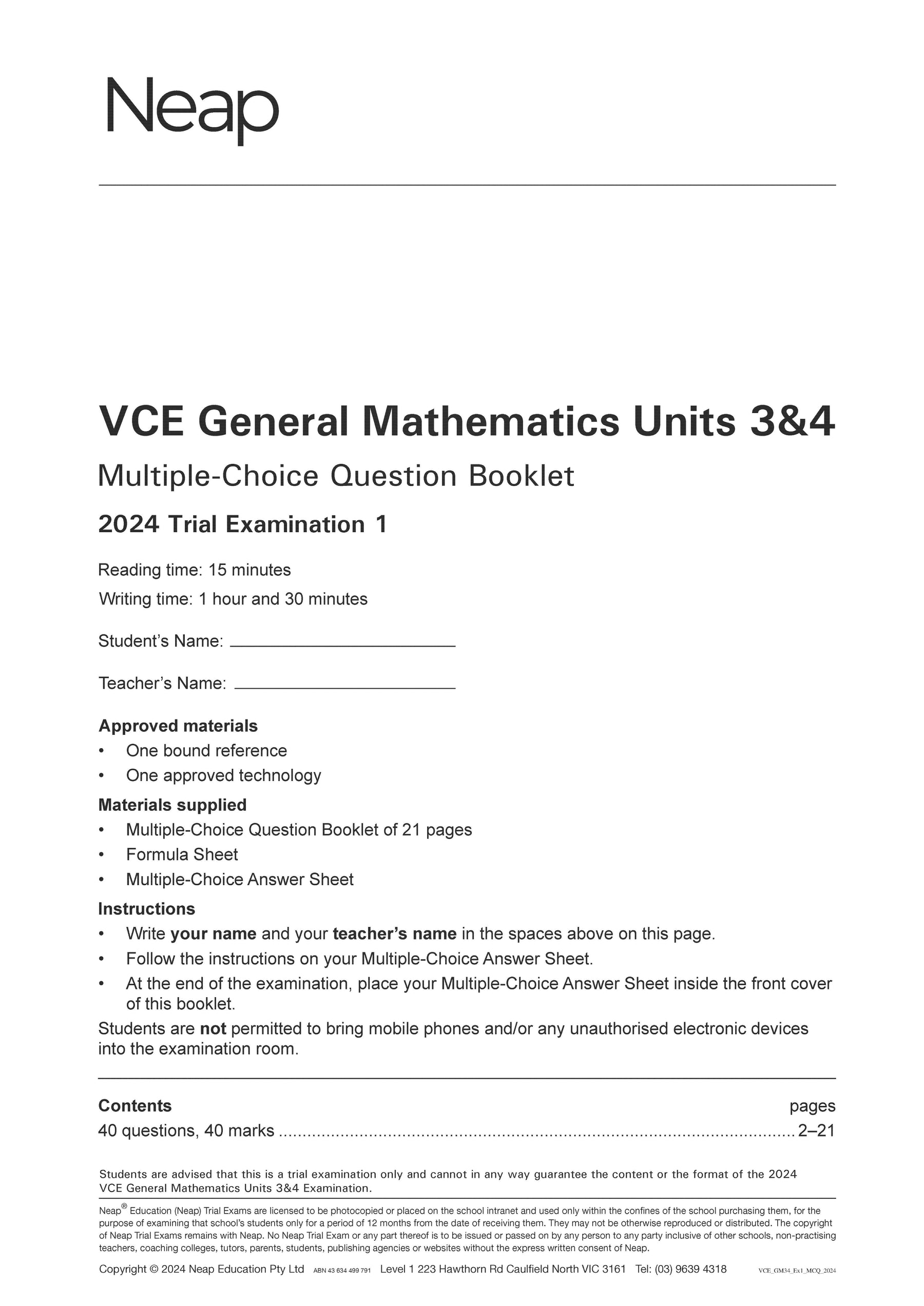 Neap Practice Exam Pack: VCE General Mathematics Units 3&4 (2 Exams)