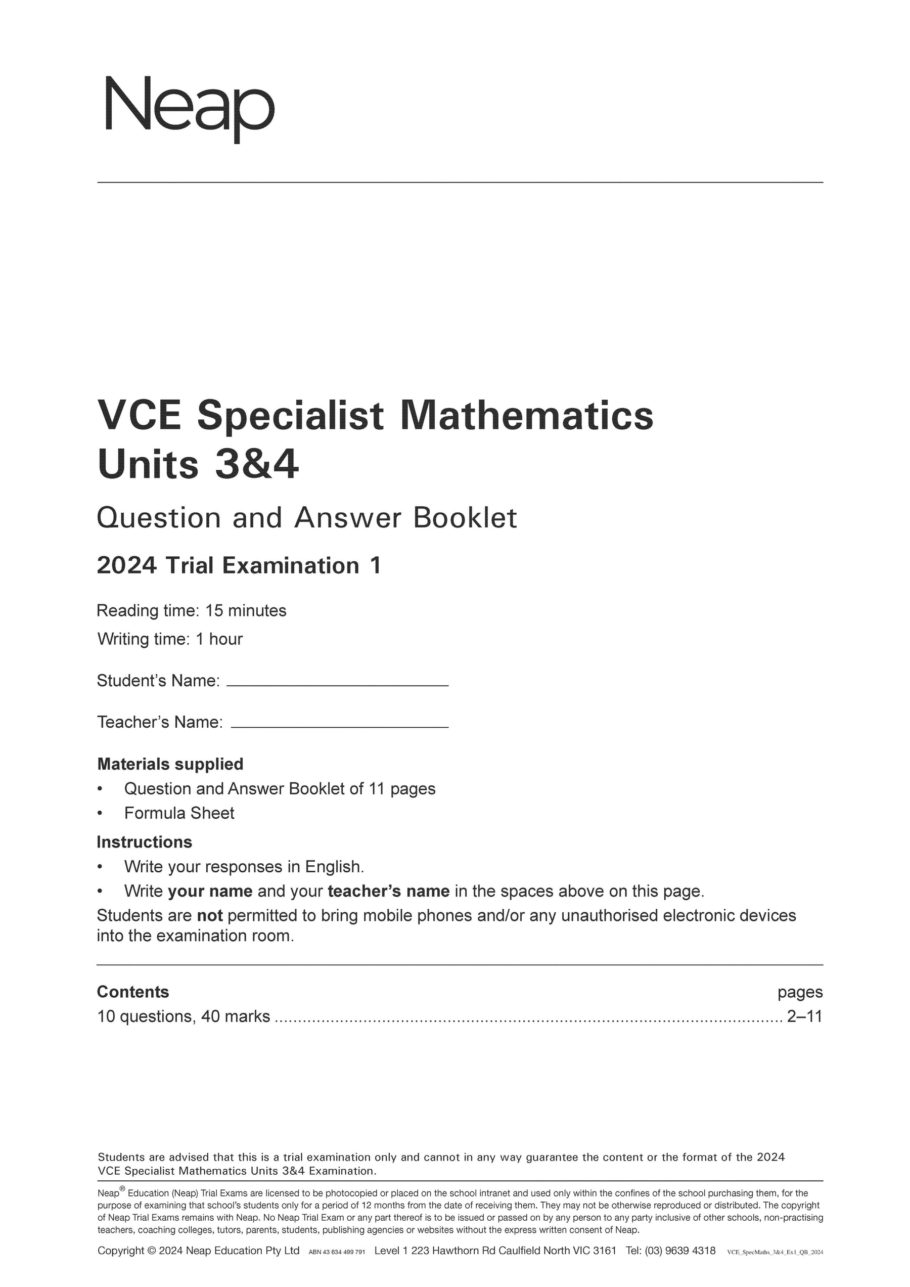 Neap Practice Exam Pack: VCE Specialist Mathematics Units 3&4 (2 Exams)