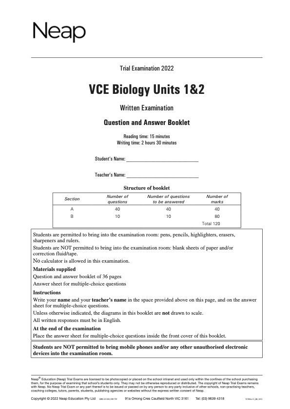 Neap Practice Exam Pack: VCE Biology Units 1&2 (3 Exams)