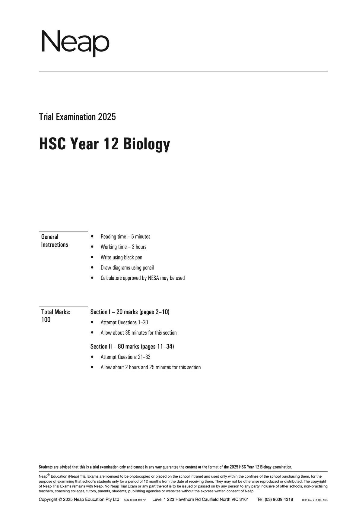 HSC Biology Year 12 Trial Exam document from Neap, with general instructions and section breakdown in black text on white paper.