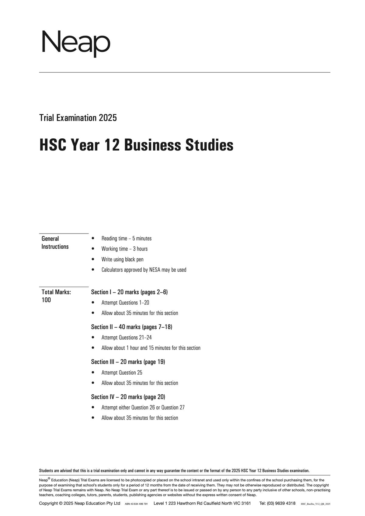 HSC Business Studies Year 12 Trial Exam paper by Neap, showing a white cover page with black text.