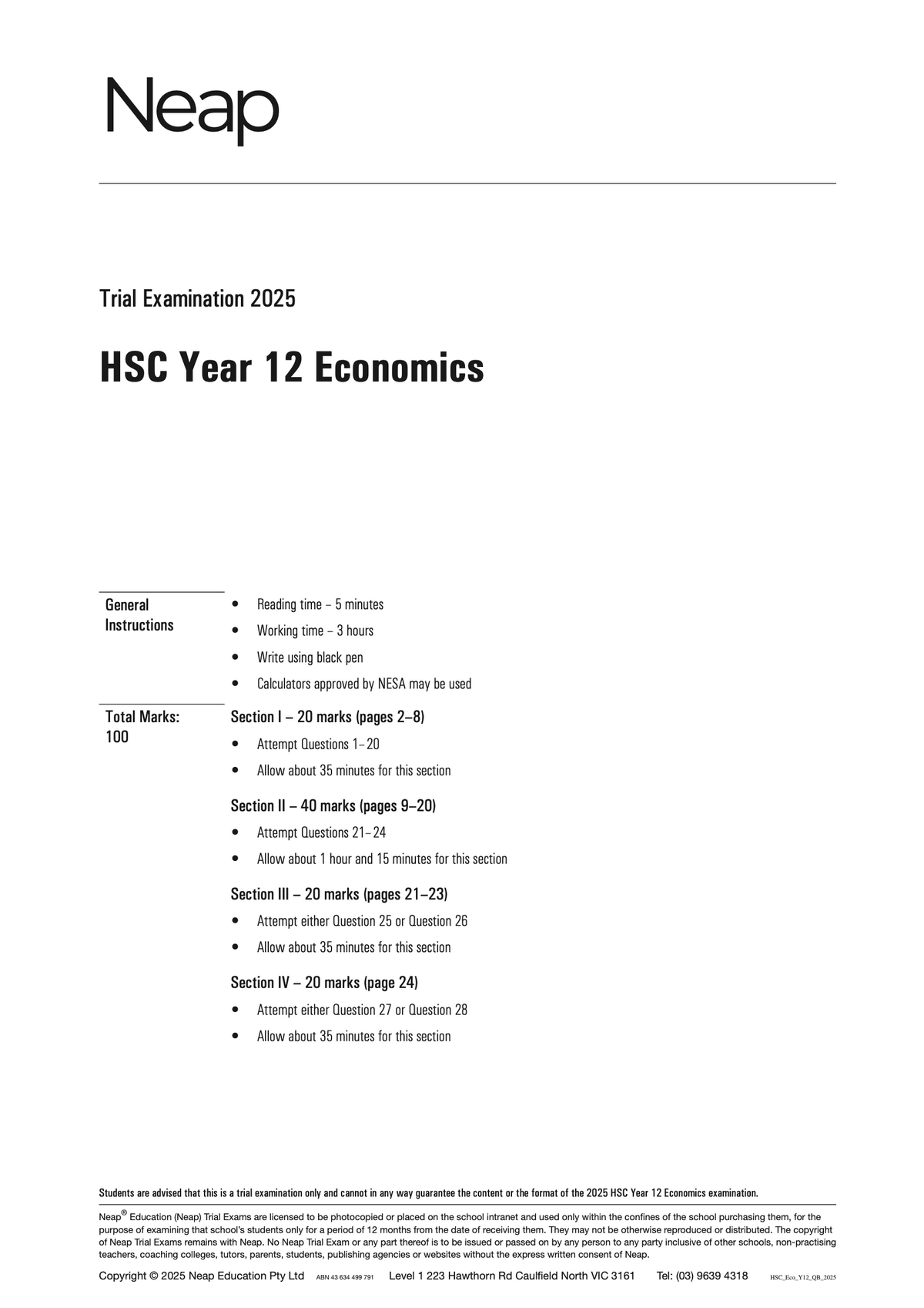 HSC Economics Year 12 trial exam paper by Neap, showing the cover page with instructions and sections.
