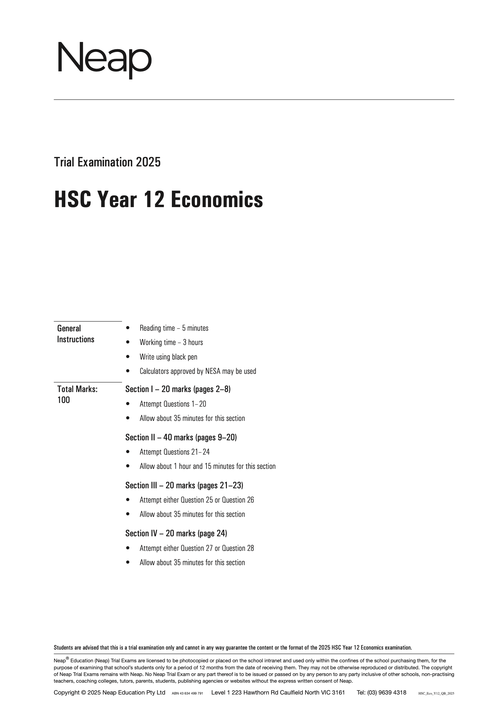 HSC Year 12 Economics Trial Exam by Neap, full page view of the white cover with black text.