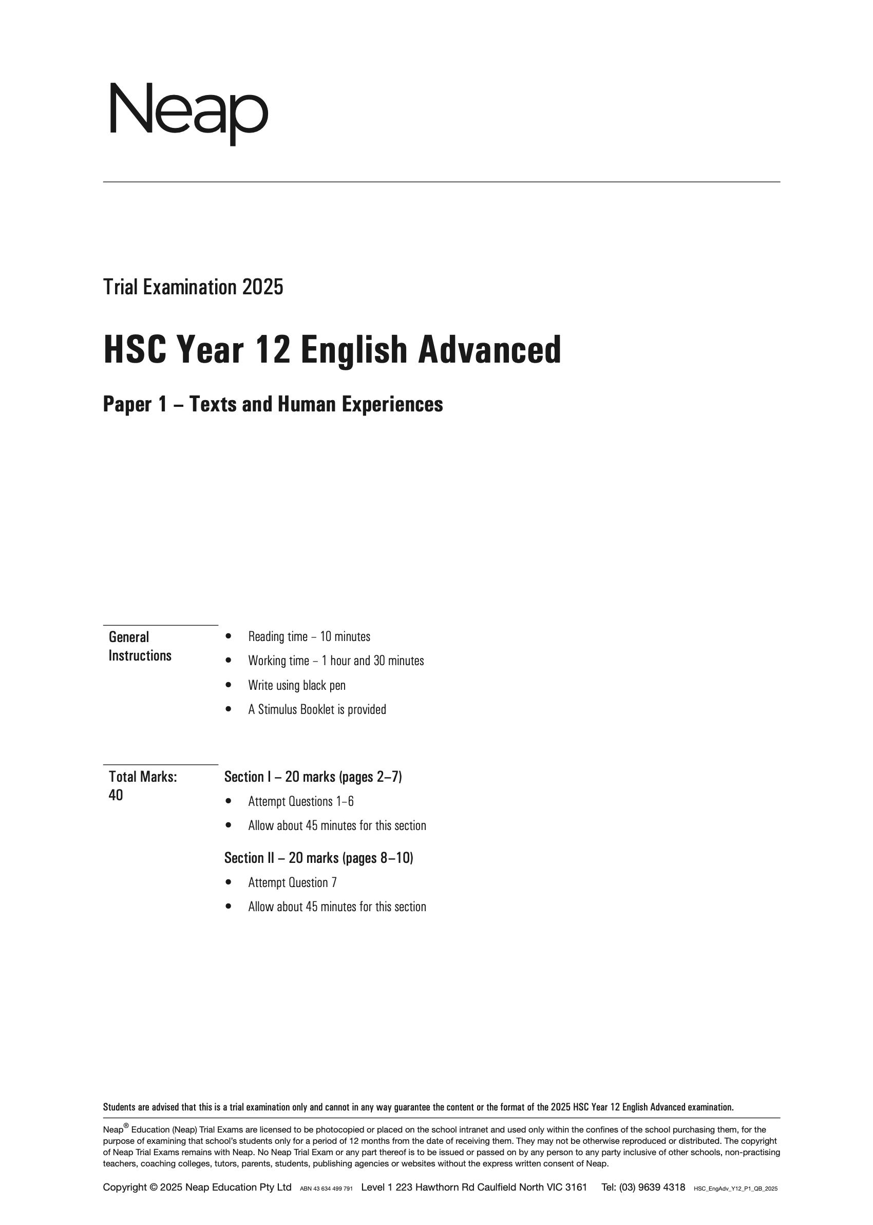 HSC English Advanced Year 12 Trial Exams