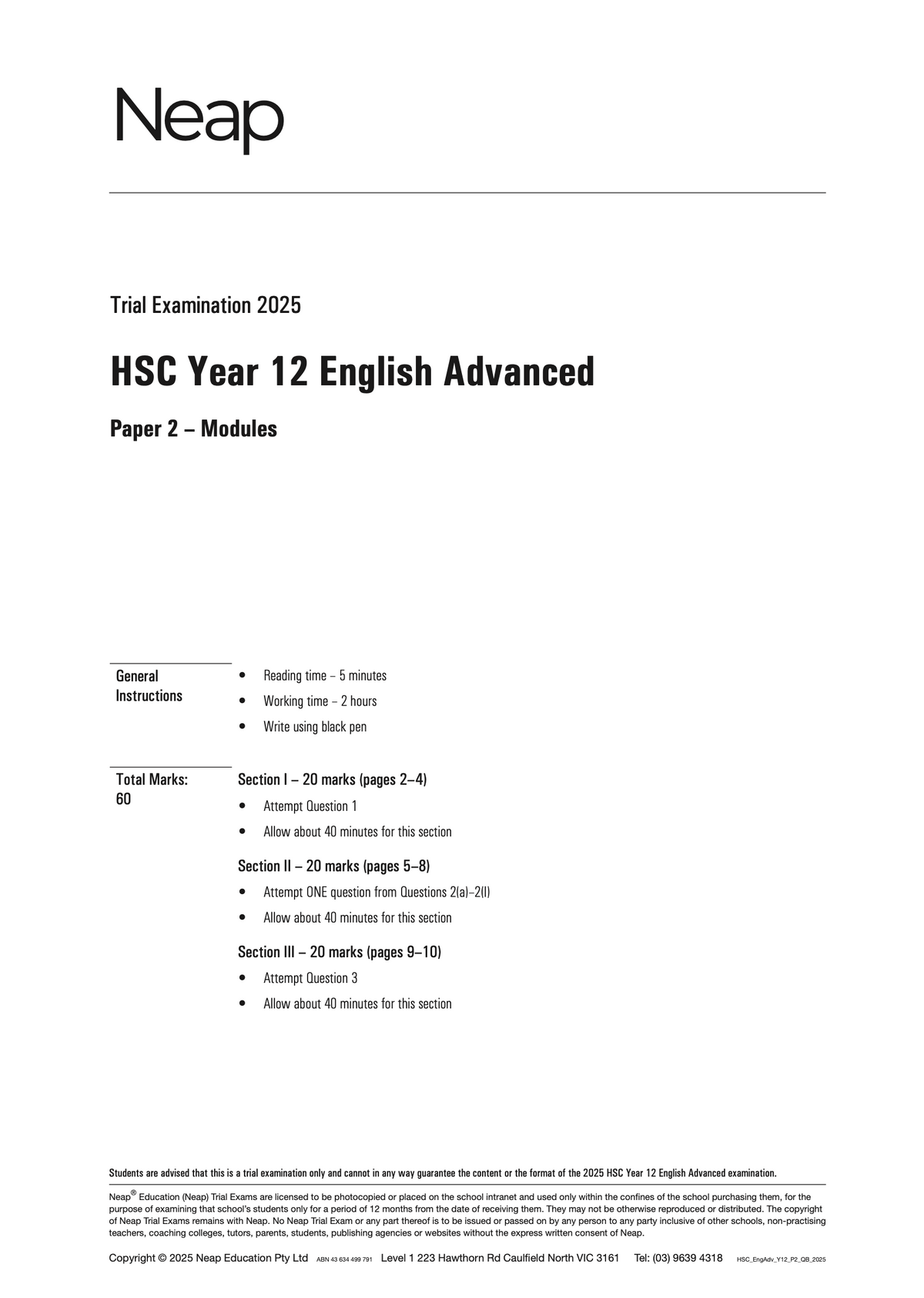 HSC Year 12 English Advanced Trial Examination for 2025, Paper 2 – Modules by Neap, showing general instructions and 60 total marks.