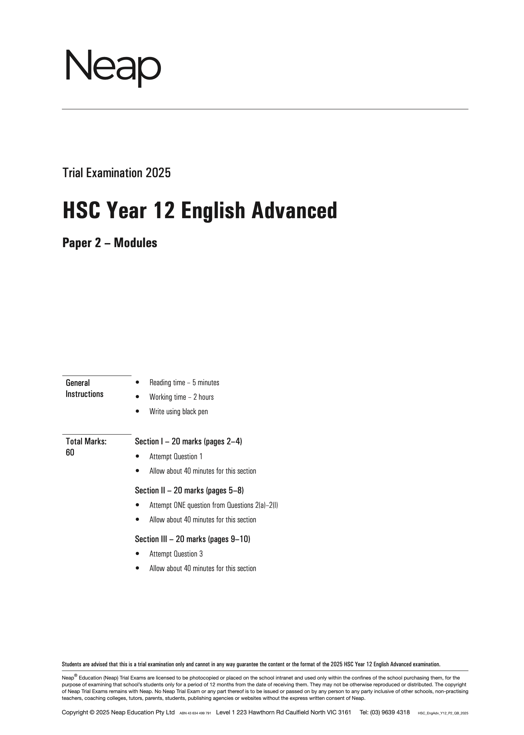 HSC English Advanced Year 12 Trial Exams