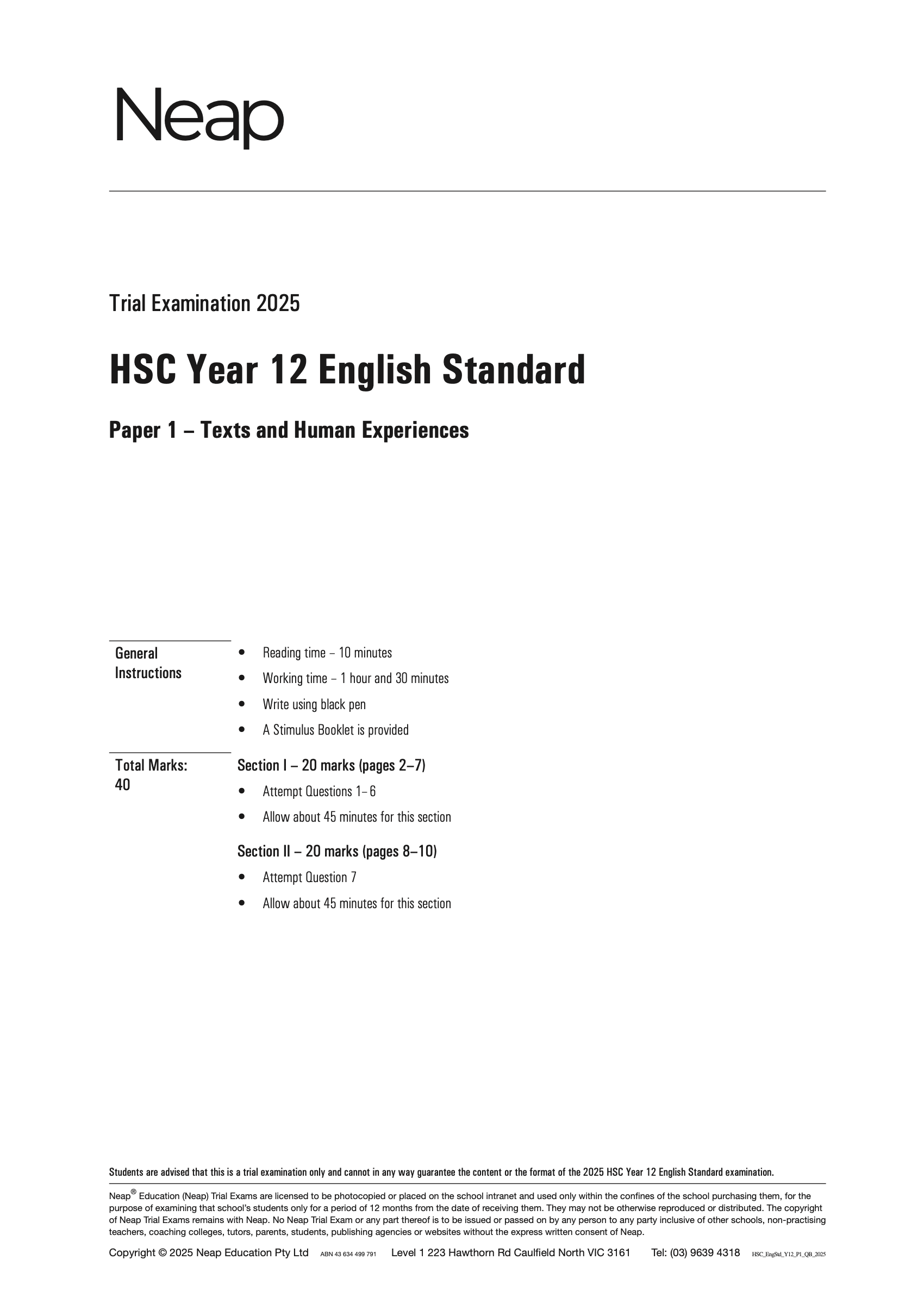 HSC English Standard Year 12 Trial Exams