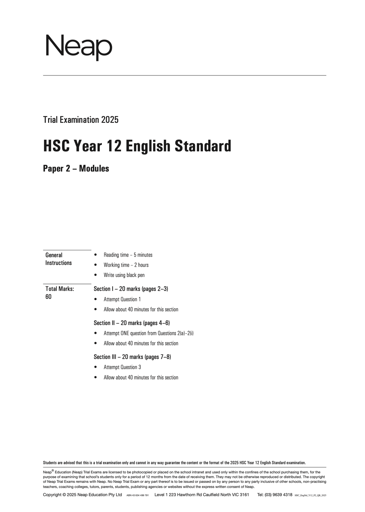 HSC Year 12 English Standard Trial Examination Paper by Neap, displaying the title page with instructions for Paper 2.