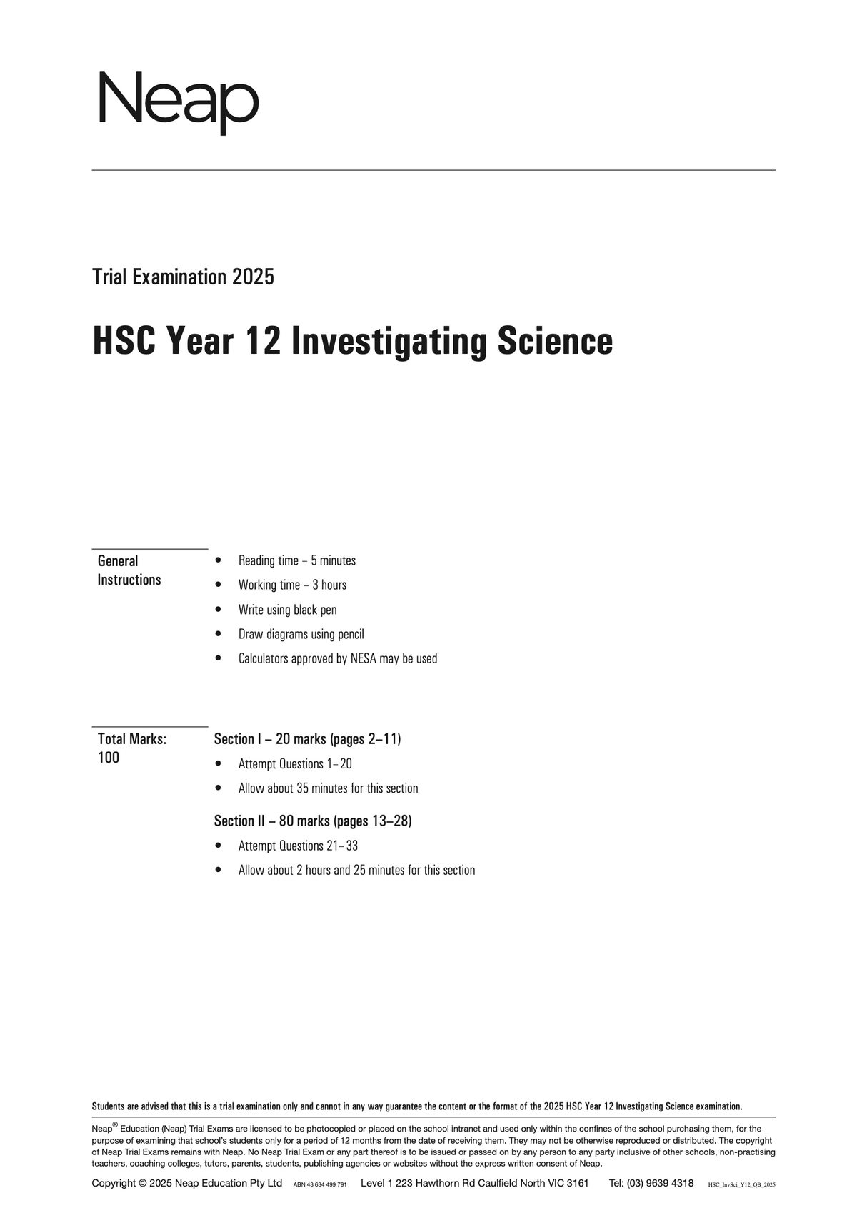 HSC Investigating Science Year 12 Trial Exam Paper by Neap, a white document with 'Trial Examination 2025' and instructions.