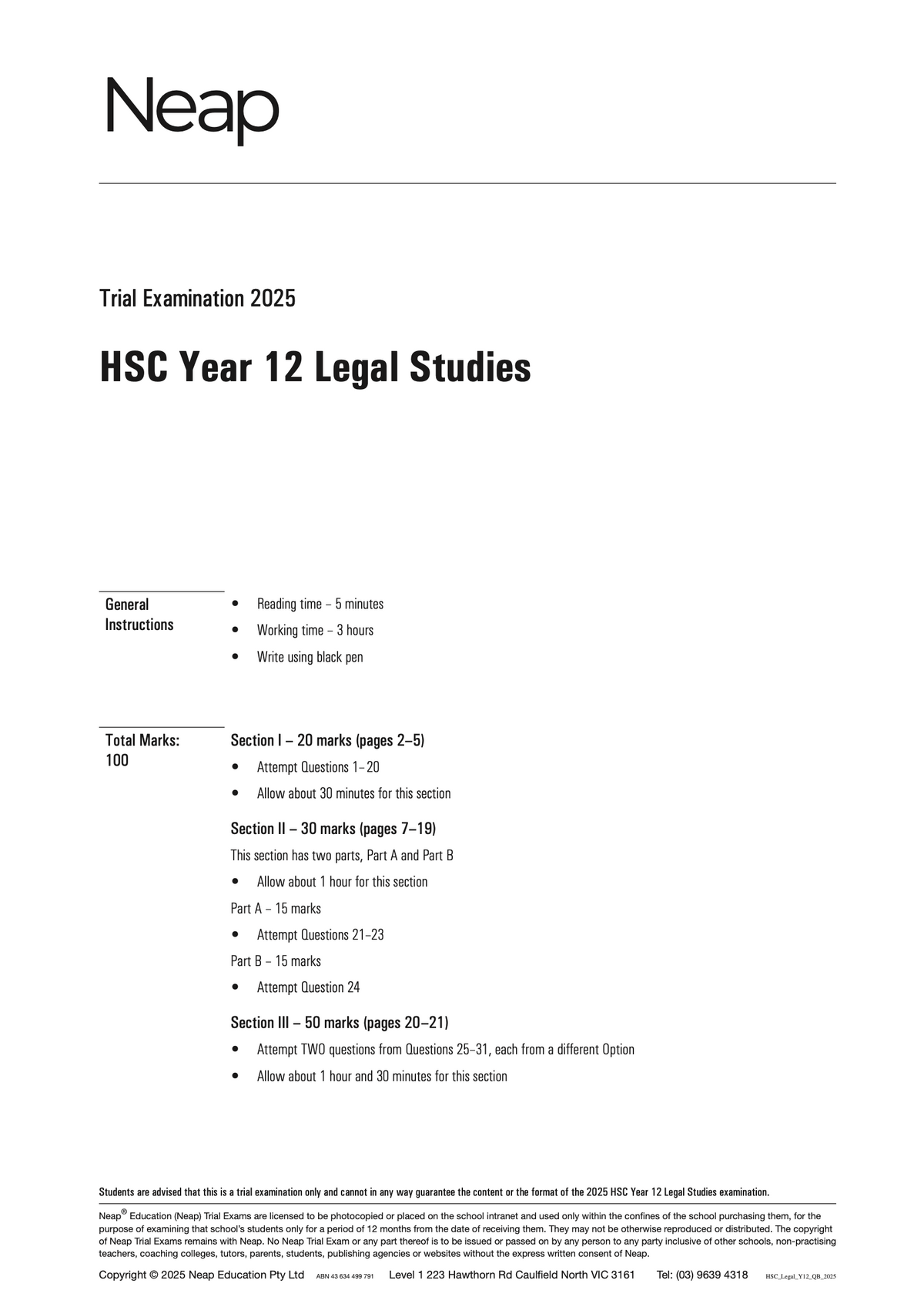 HSC Legal Studies Year 12 Trial Examination, a white document with black text by Neap, displaying instructions and sections for 2025.