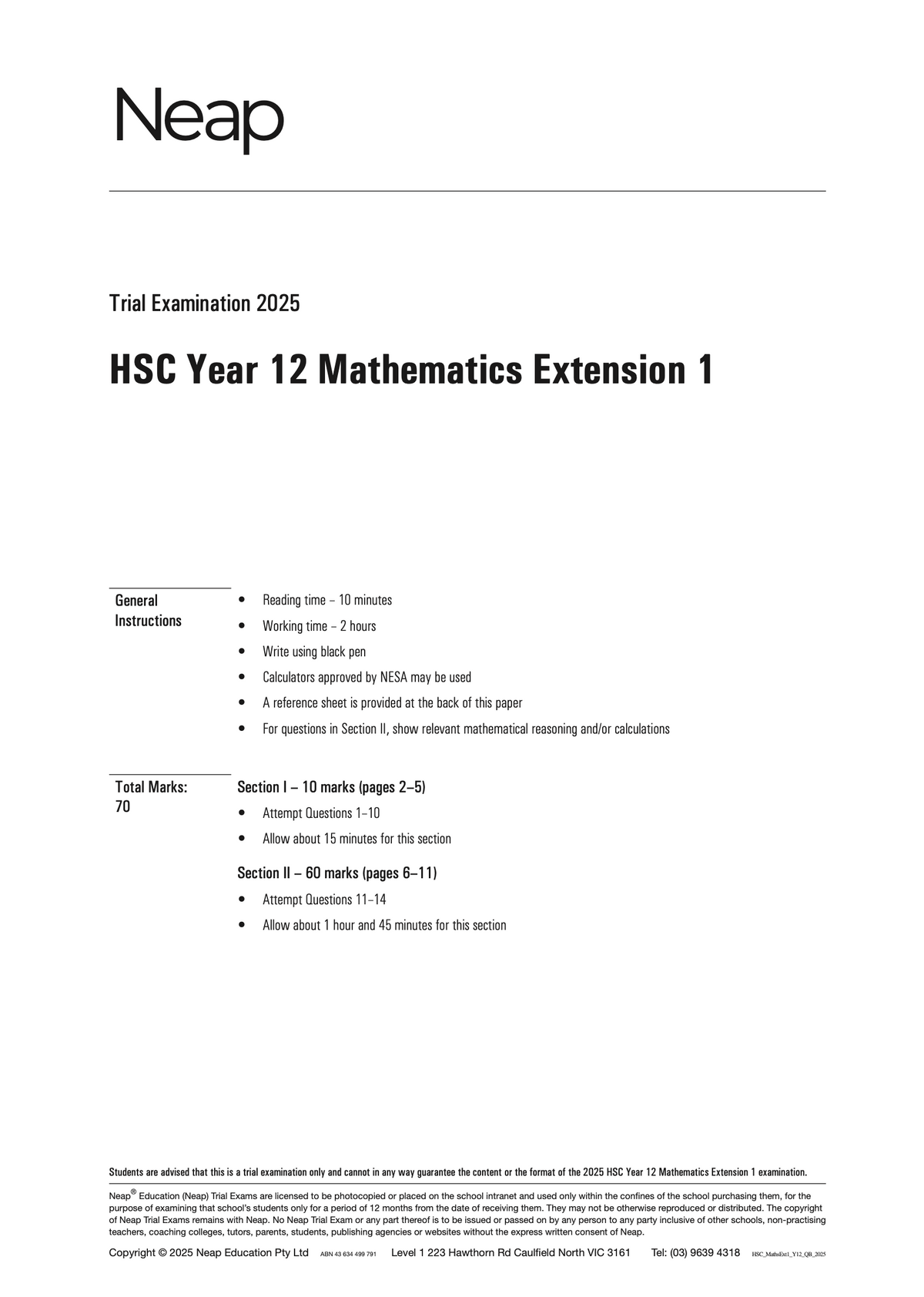 HSC Mathematics Extension 1 Year 12 Trial Exam paper by Neap, white with black text, showing exam title and instructions.