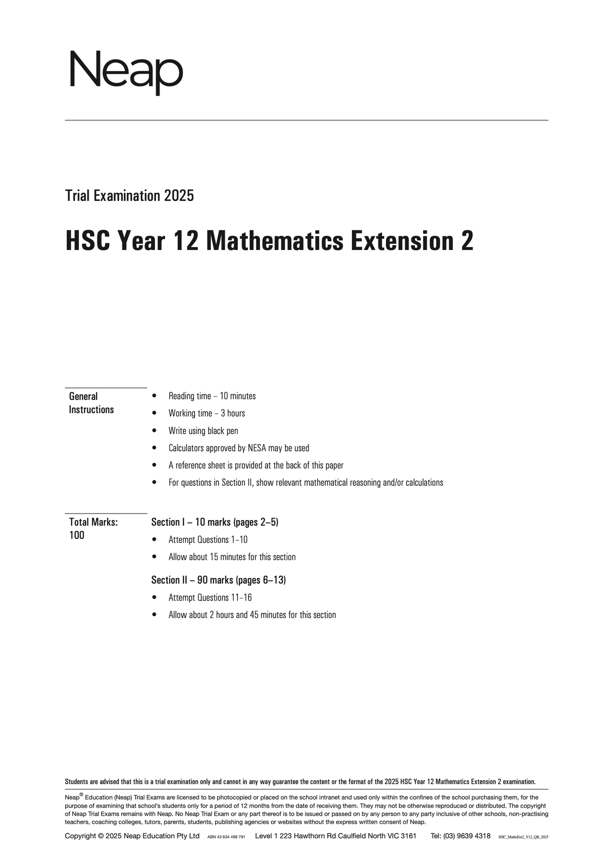 HSC Year 12 Mathematics Extension 2 trial exam paper by Neap, showing the 2025 cover page with instructions.