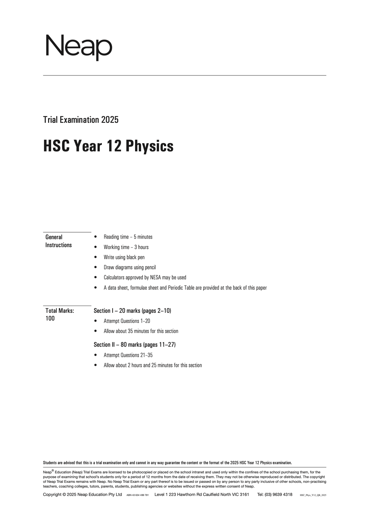 HSC Year 12 Physics trial examination paper from Neap for 2025, detailing general instructions and section breakdowns.