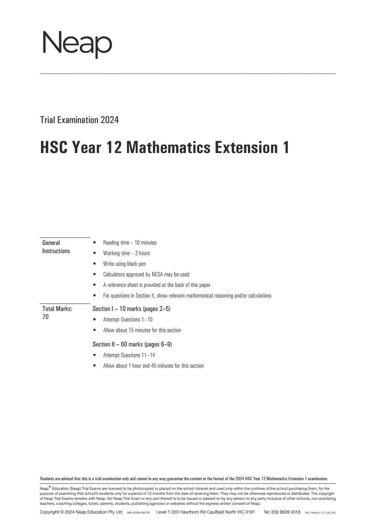 HSC Mathematics Extension 1 Year 12 Trial Exams