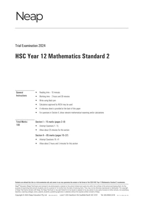 Trial Examination paper from Neap, titled 'HSC Year 12 Mathematics Standard 2 2024', showing exam instructions.