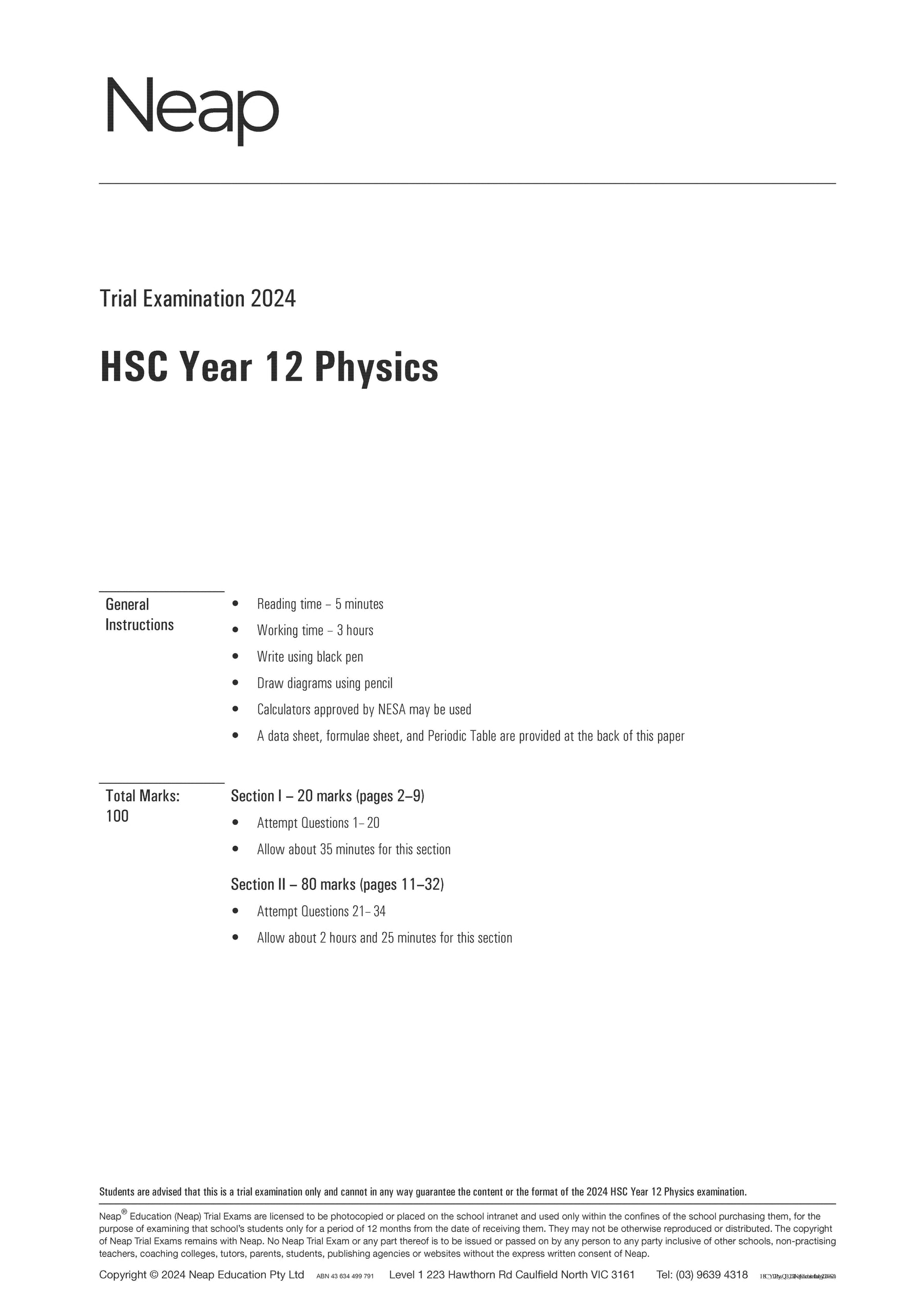 HSC Physics Year 12 Trial Exams