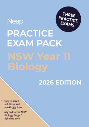 NSW Year 11 Biology Practice Exam Pack by Neap, a light blue book cover featuring '2026 Edition' and a 'Three Practice Exams' badge.