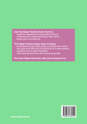 Mint green and pink Practice Exam Pack by Neap, featuring product details, website URL, and an ISBN barcode on the back cover.