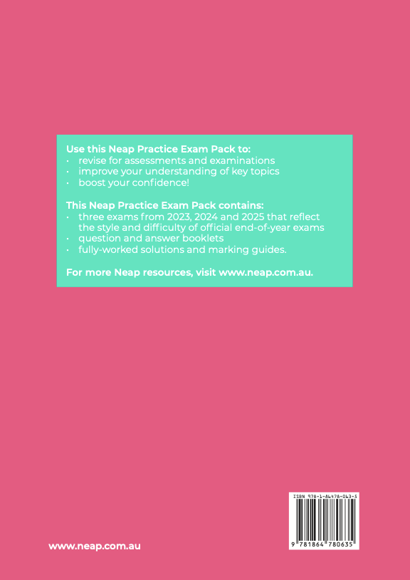 Pink and teal graphic Practice Exam Pack by Neap, with white text detailing contents, a website address, and an ISBN barcode.