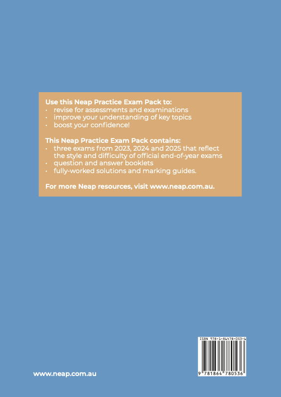 Back of a blue-grey practice exam pack by Neap with a tan information box and ISBN barcode.