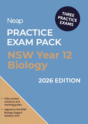 Practice exam pack by Neap with a blue and gold cover, featuring 'NSW Year 12 Biology 2026 Edition' and a 'Three Practice Exams' circle.
