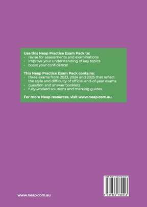 HSC Year 12 Business Studies 2026 Edition Practice Exam Pack by Neap, back cover view, purple with green information box, barcode, and website.