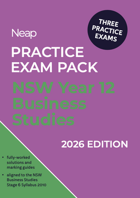 Practice Exam Pack 2026 Edition by Neap, featuring a purple and green cover for NSW Year 12 Business Studies with three exams.