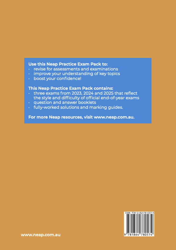 Neap Practice Exam Pack by Neap, showing its back cover with a blue descriptive text box and ISBN barcode on an orange-brown background.