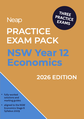 Orange and blue NSW Year 12 Economics Practice Exam Pack by Neap, 2026 Edition, with three exams and solutions.