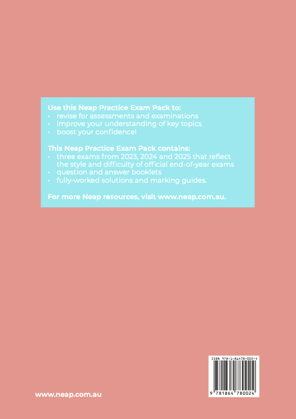A light pink Practice Exam Pack by Neap, featuring a blue text box with product details, ISBN barcode, and website URL.