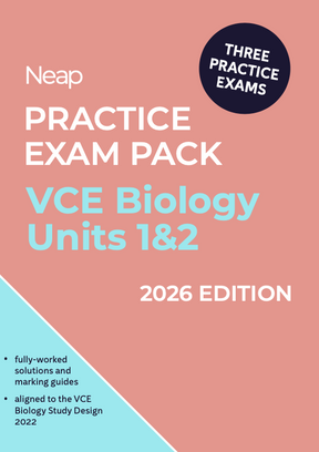 VCE Biology Units 1&2 Practice Exam Pack, 2026 Edition, by Neap, with a salmon and light blue cover highlighting three practice exams.