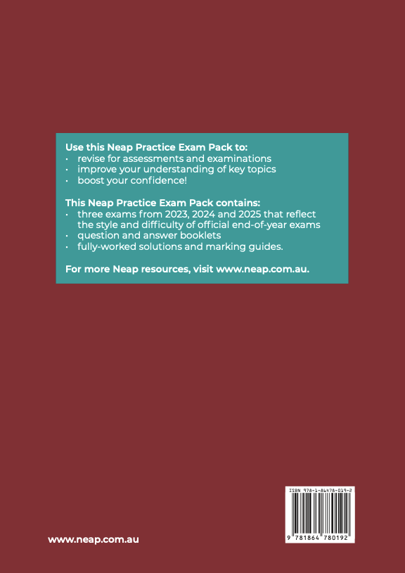 Practice Exam Pack by Neap, back cover view, with a teal box describing contents, a barcode, and website on a maroon background.