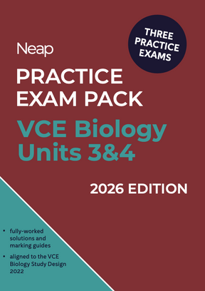 Practice Exam Pack for VCE Biology Units 3&4, 2026 Edition by Neap, with three exams and solutions on a maroon and teal cover.