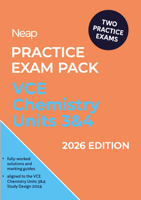 Orange and blue VCE Chemistry Practice Exam Pack by Neap, '2026 Edition' with two practice exams and solutions details.