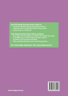 VCE Economics Units 1&2 2026 Edition Practice Exam Pack by Neap, with a purple back cover featuring green informational text and a barcode.