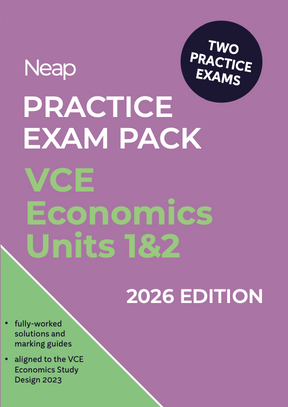 VCE Economics Practice Exam Pack for Units 1&2, 2026 Edition with two exams by Neap, featuring solutions, study alignment, on a purple and green cover.