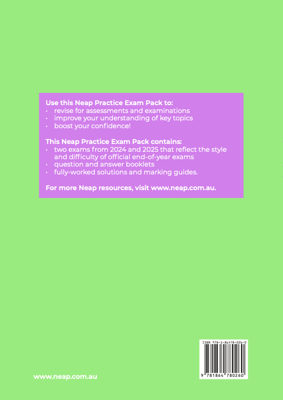 Practice exam pack back cover by Neap with a light green background, a purple information box, white text, and a barcode.