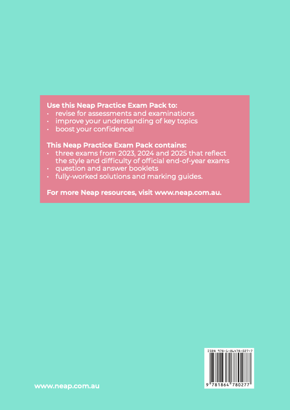 Teal Practice Exam Pack by Neap, back cover showing a pink information box and ISBN barcode.