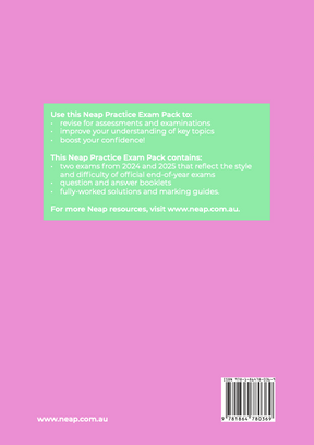 Practice Exam Pack by Neap, featuring descriptive text in a light green box on a pink background.
