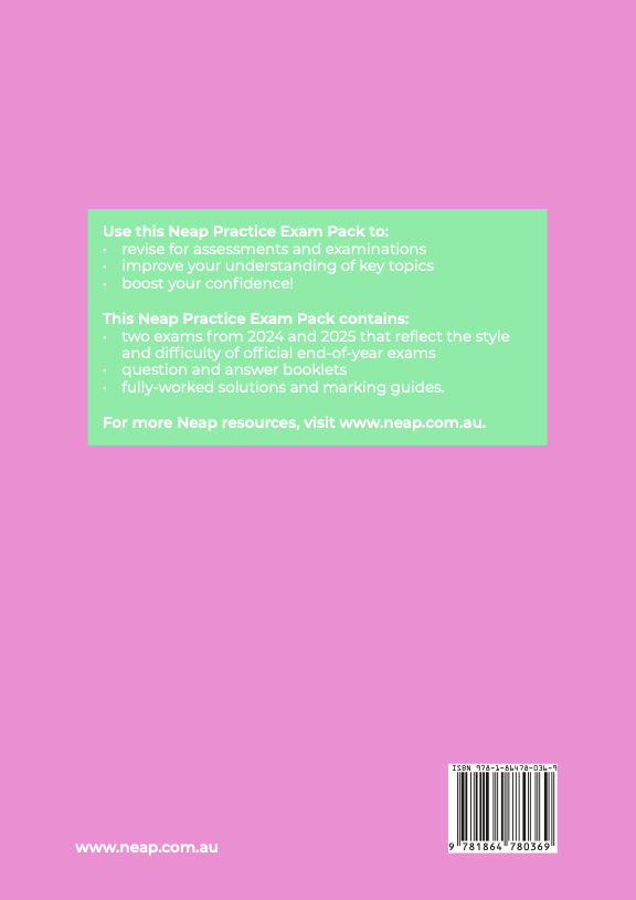 Practice Exam Pack by Neap, featuring descriptive text in a light green box on a pink background.