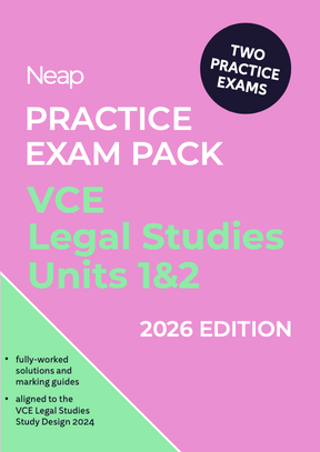 Pink and green practice exam pack by Neap, for VCE Legal Studies Units 1&2 2026 Edition, with two practice exams badge.