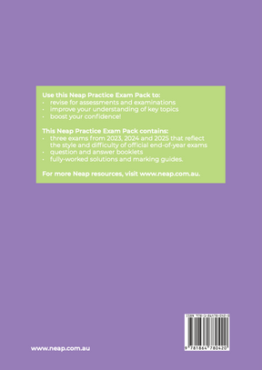Informational text describing a Practice Exam Pack by Neap, displayed on a green box on a purple background with website and ISBN.