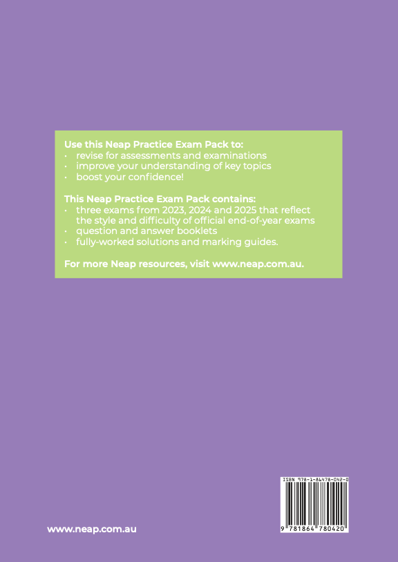 Informational text describing a Practice Exam Pack by Neap, displayed on a green box on a purple background with website and ISBN.