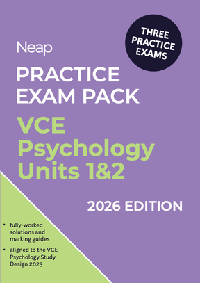 VCE Psychology Units 1&2 2026 Edition Practice Exam Pack by Neap, with a purple and green cover, featuring three exams and full solutions.